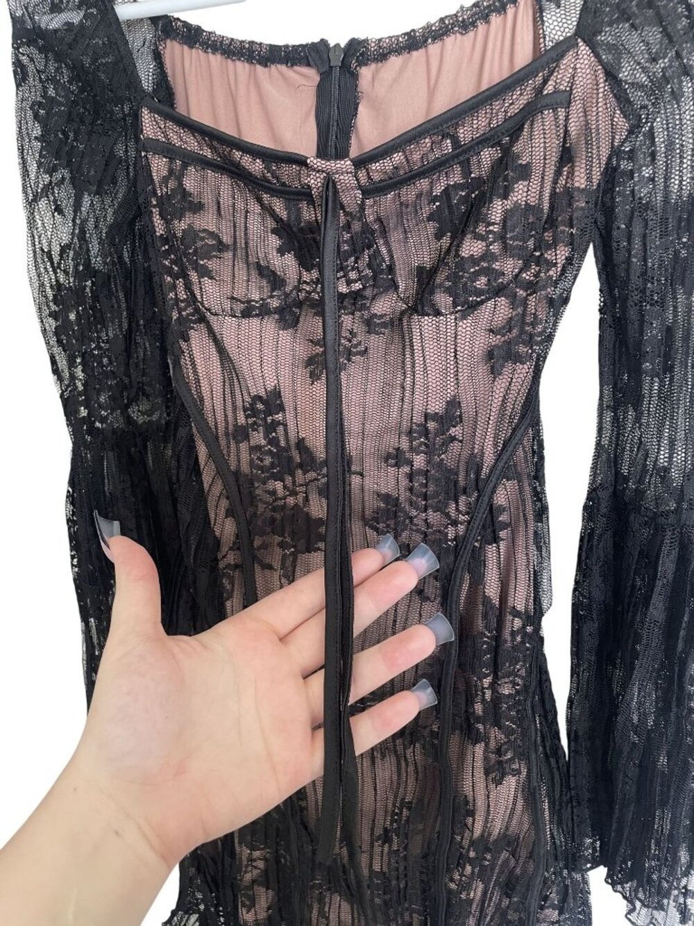 Black & Nude Floral Lace Long-Sleeve Mini Dress With Flared Sleeves - Picture 3 of 4